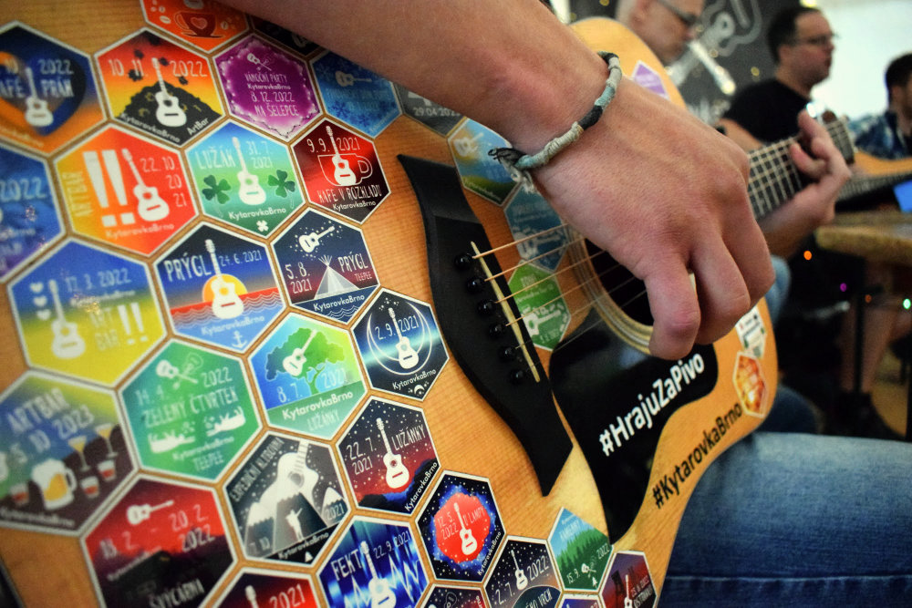 Hexagon stickers on a guitar
